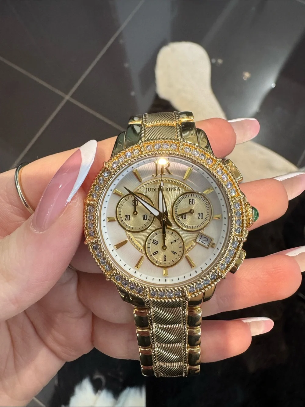 New Judith Ripka Gold Tone Chronograph Watch Textured Link Bracelet